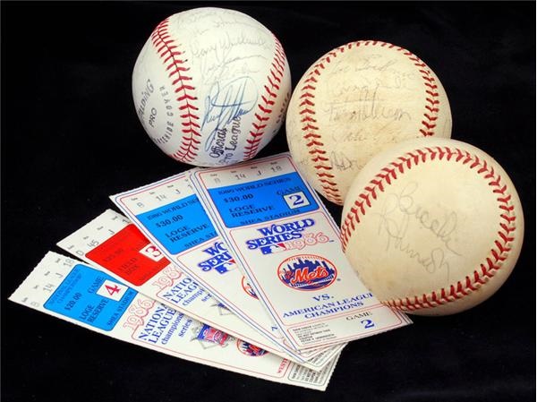 - Baseball Memorabilia Collection with Team Signed Baseballs and World Series Stubs (8)
