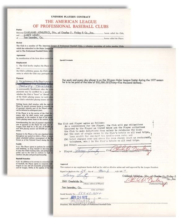 Baseball Autographs - Larry Lintz 1977 Oakland A's Player Contract signed by Charles O. Finley
