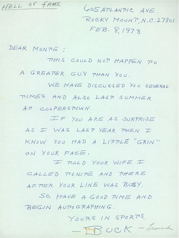 Baseball Autographs - Buck Leonard Signed Handwritten Letter To Monte Irvin Regarding The Hall of Fame