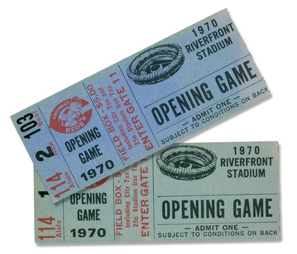 - 1970 First Game at Riverfront Stadium Baseball Ticket Stubs (2)