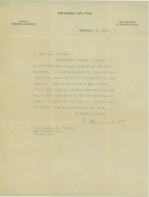Rock And Pop Culture - 1918 President Teddy Roosevelt Signed Letter TLS