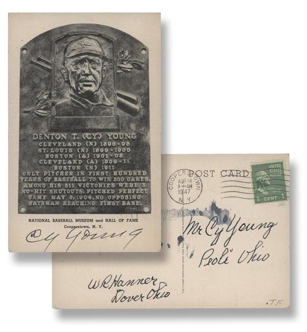 Baseball Autographs - Cy Young Signed Black and White Hall of Fame Plaque Postcard