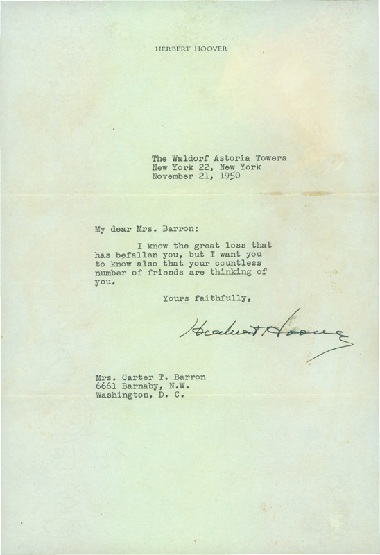 Rock And Pop Culture - President Herbert Hoover Signed TLS (1950)