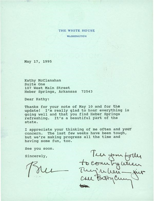 Rock And Pop Culture - 1995 Bill Clinton Signed Letter as President with Secretary Betty Currie Notation