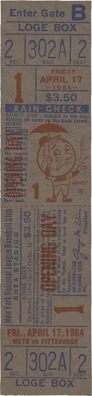 - 1964 1st Game at Shea Stadium Mets Full Ticket MINT