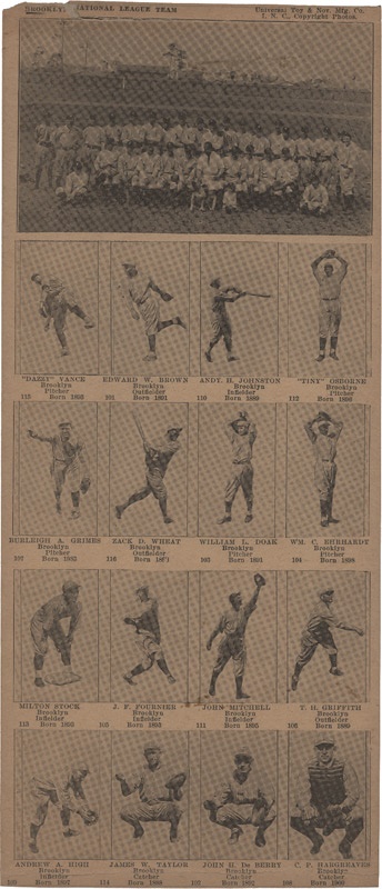 - 1925 W504 Universal Toy Brooklyn Dodgers Baseball Card Sheet