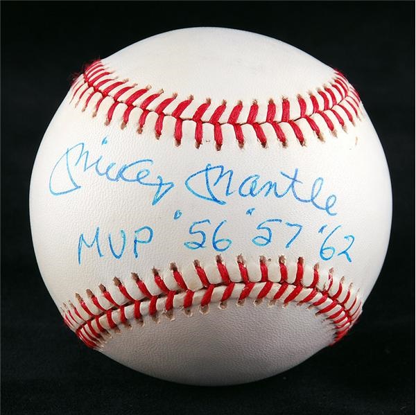 - Mickey Mantle Single Signed Baseball with MVP Seasons Inscription PSA/DNA