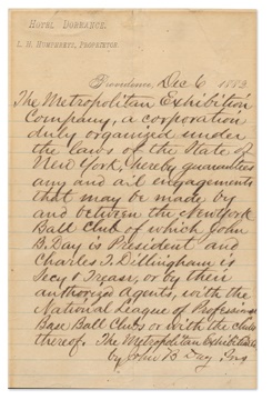 Giants - 1882 Birth of the New York Giants Original Document
