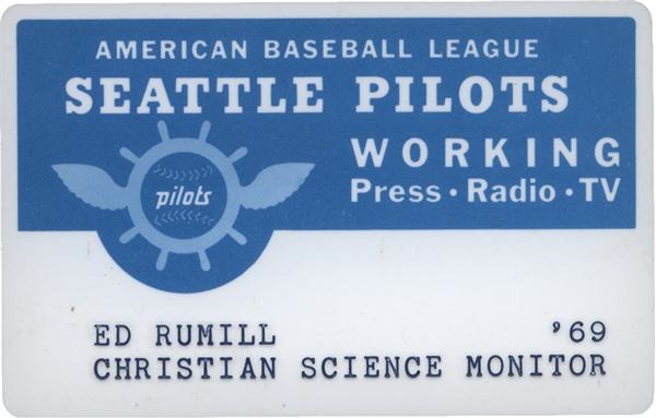 Ernie Davis - Rare 1969 Seattle Pilots Season Press Pass