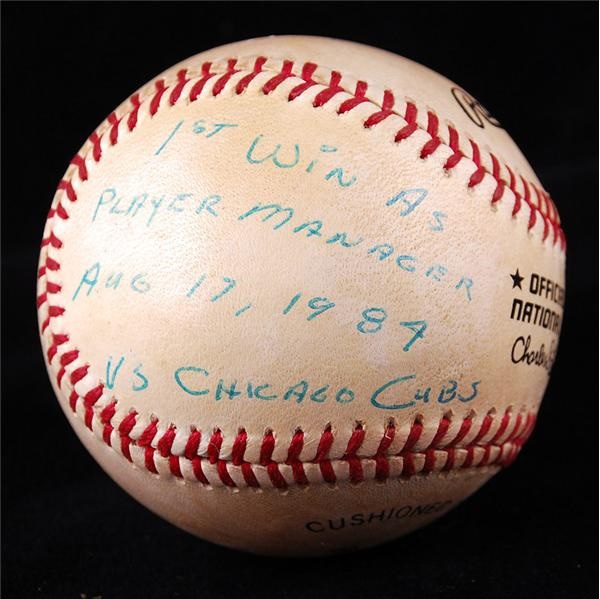 Ernie Davis - Pete Rose 1st Win as Player Manager Signed Game Used Baseball