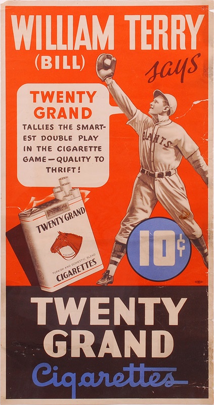 - Rare Bill Terry Twenty Grand Cigarettes Advertising Poster