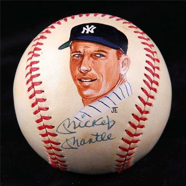 Baseball Autographs - Mickey Mantle Signed Hand Painted Portrait Baseball