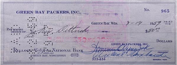 Football - Vince Lombardi Signed Check (1959)