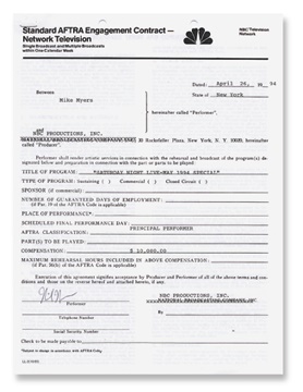 Mike Meyers Saturday Night Live Signed Contract