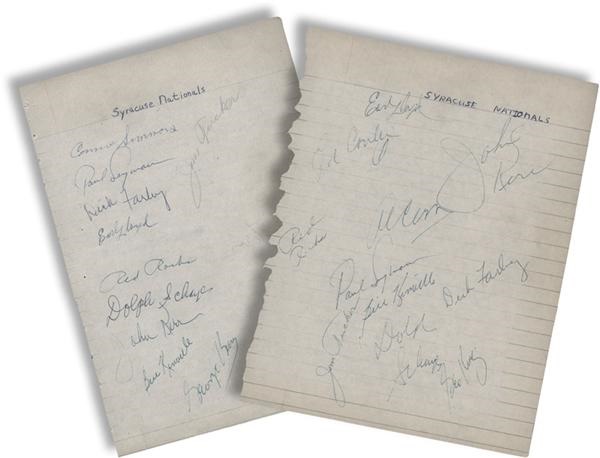 - 1955 Syracuse Nats NBA Championship Team Signed Sheets with 22 Signatures