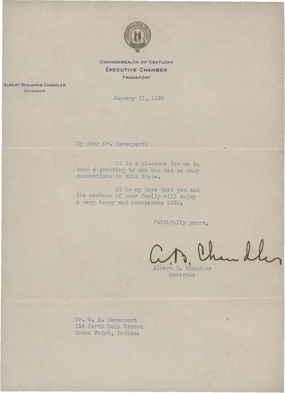 - AB Chandler Signed Letter as Governor of Kentucky (1939)