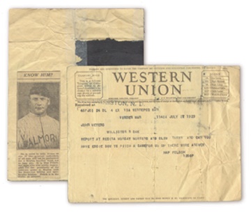 Hap Felsch Telegram Western Union dated July 27, 1929