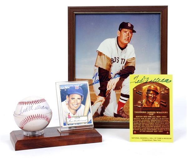 - Ted Williams Signed Baseball, Photo, and HOF Plaque Postcard (3)