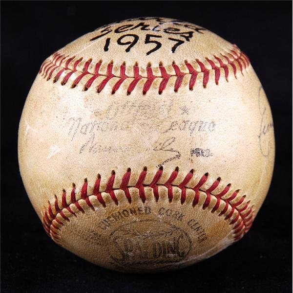 Ernie Davis - 1957 World Series Game Used Baseball Signed by Ernie Johnson