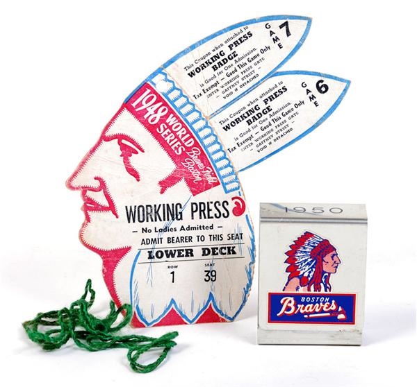 Ernie Davis - Rare 1948 Braves World Series Press Pass and 1950 Schedule Cigarette Pack Holder