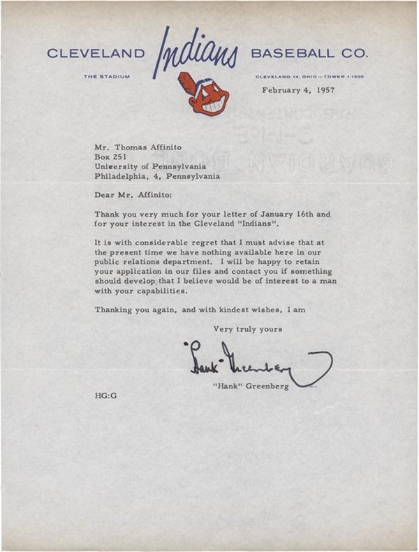 - Hank Greenberg Signed Letter on Cleveland Indians Letterhead (1957)
