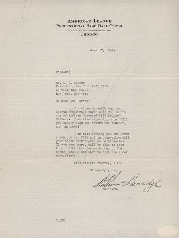 William Harridge Signed Letter on American League Letterhead (1941)