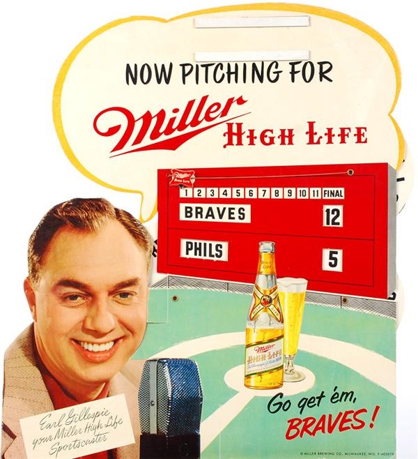 Ernie Davis - Miller Beer Milwaukee Braves Die-Cut Advertising Sign (1954)