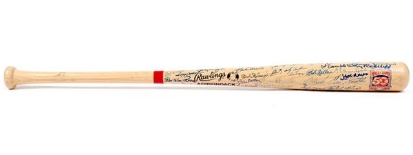 Baseball Autographs - Hall of Fame 50th Anniversary Decal Bat with (64) Signatures