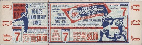 Ernie Davis - 1964 World Series Game 7 Full Ticket / Mantle Last World Series Home Run