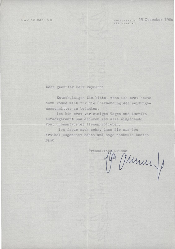 - Max Schmeling Signed Letter (1960)