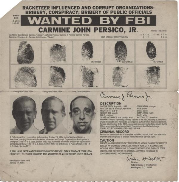 Rock And Pop Culture - Carmine Persico Criminal Wanted Poster