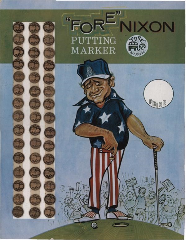 Golf - 1972 "Fore" Richard Nixon Putting Markers (45) on Original Store Display Card