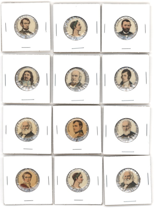 - 1896 American Pepsin Gum Pins with Abraham Lincoln and US Grant (12)