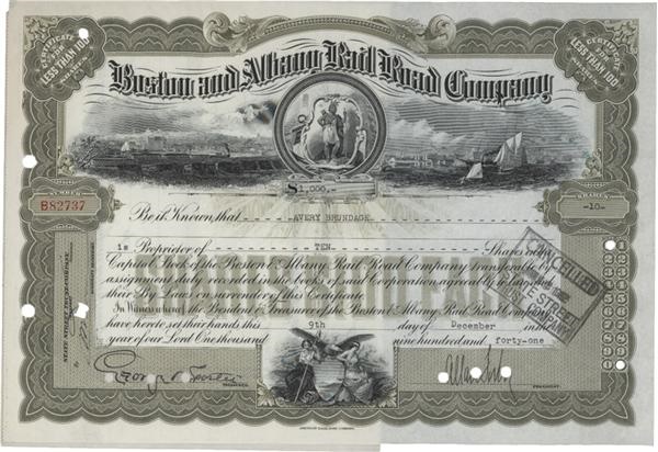 1941 Avery Brundage Signed Boston & Albany Railroad Co Stock Certificate