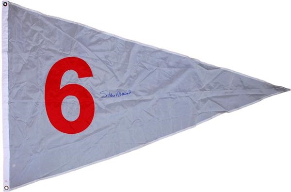 Ernie Davis - Stan Musial Signed Retired Number 6 Flag That Hung In Busch Stadium