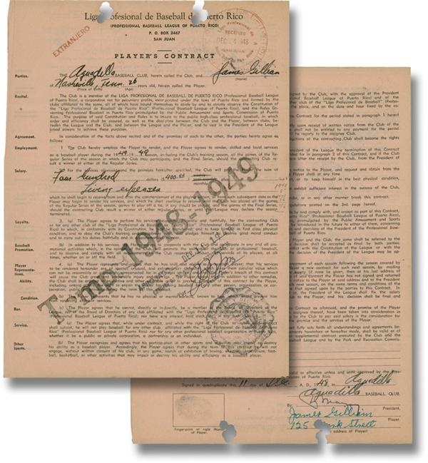 Ernie Davis - Jim Gilliam Signed Puerto Rican League Baseball Contract (1949)