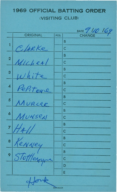 Ernie Davis - 1969 New York Yankees Line-Up Card wth Thurman Munson