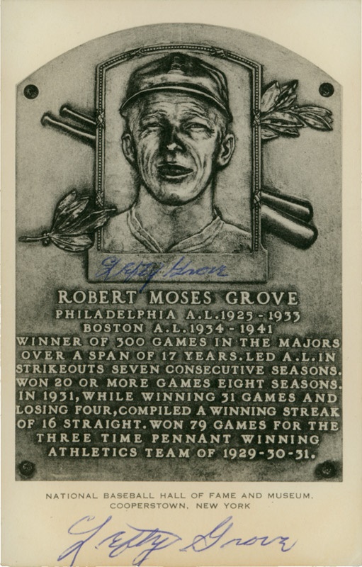 - Lefty Grove Signed Black and White Hall of Fame Plaque