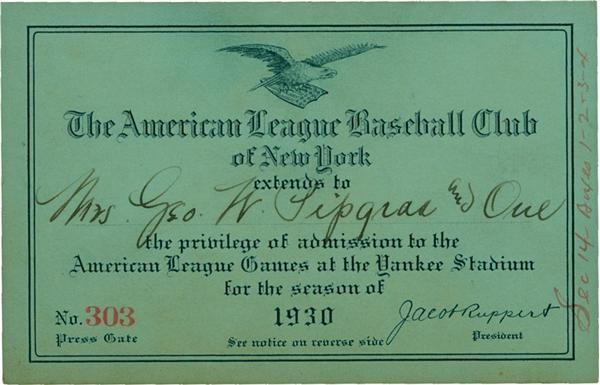 1930 George Pipgras NY Yankees Season Pass