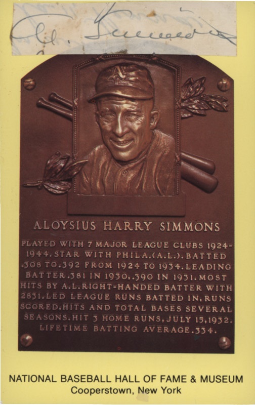 Al Simmons Signature on Gold HOF Plaque Postcard