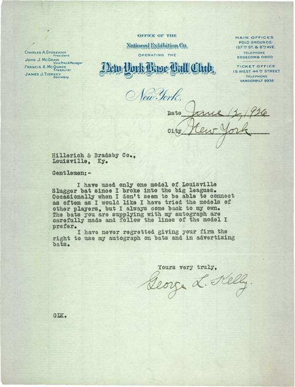Baseball Autographs - George L. Kelly Signed Letter on New York Giants Stationary Dated 1926