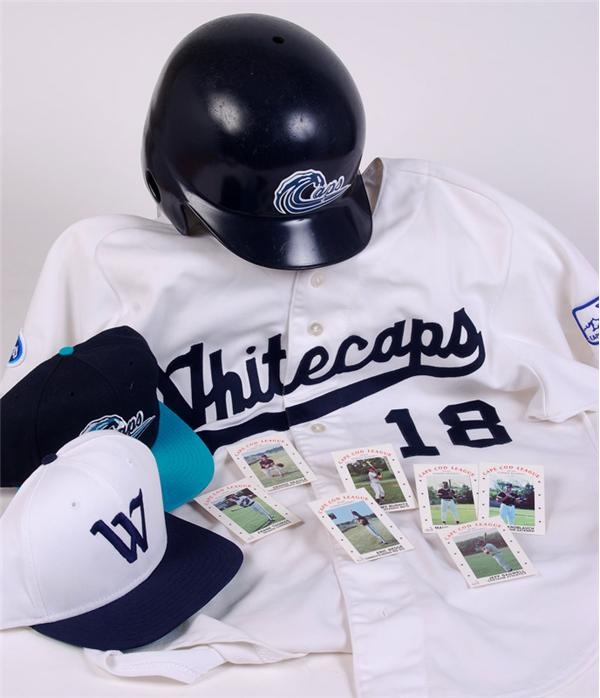 Brewster WhiteCaps Cape Cod League Game Used Jersey, Hats and Card Set (5)