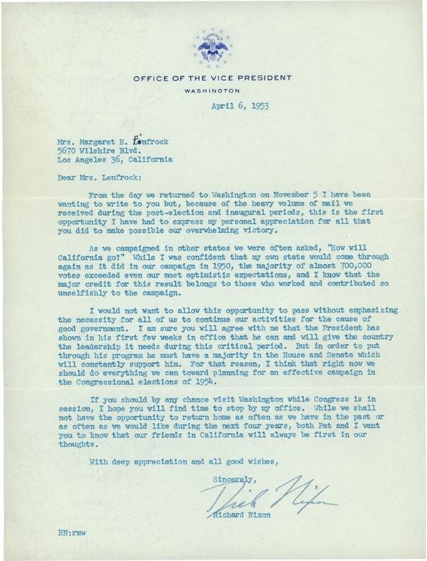Rock And Pop Culture - VP Richard Nixon Signed Letter (1953)