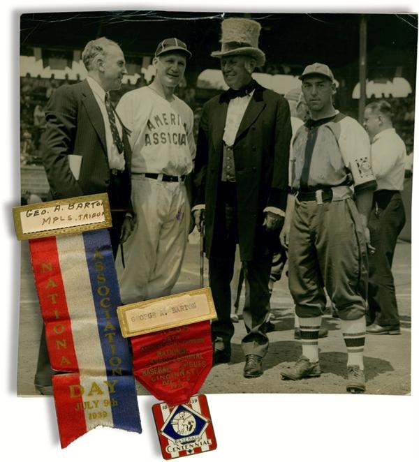 Ernie Davis - Pair of Ribbons Associated to Baseball Centennial with Photo
