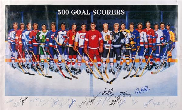 Hockey Autographs - 500 Goal Scorers Poster with 22 Signatures Including Gretzky, Howe, & Lemieux
