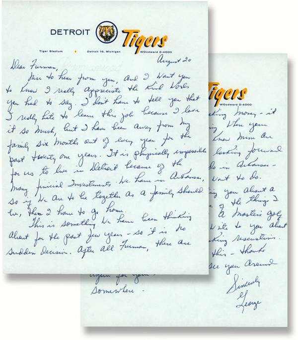 - George Kell Handwritten 2-Page Letter on Tigers Letterhead with Great Content