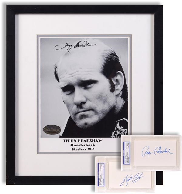 Football - Walter Payton and Roger Staubach Signed Index Cards with Terry Bradshaw Signed Photo (3)