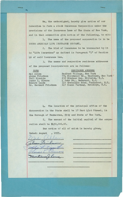 1957 Mel Allen and Phil Rizzuto Vintage Signed Document