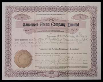 1914 Vancouver Millionaires Stock Certificate Signed By Frank Patrick