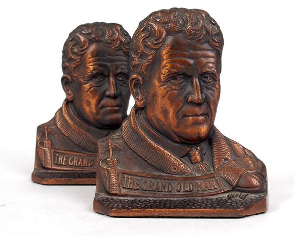 Rare Early Amos Alonzo Stagg Bronze Figural Football Bookends (2)